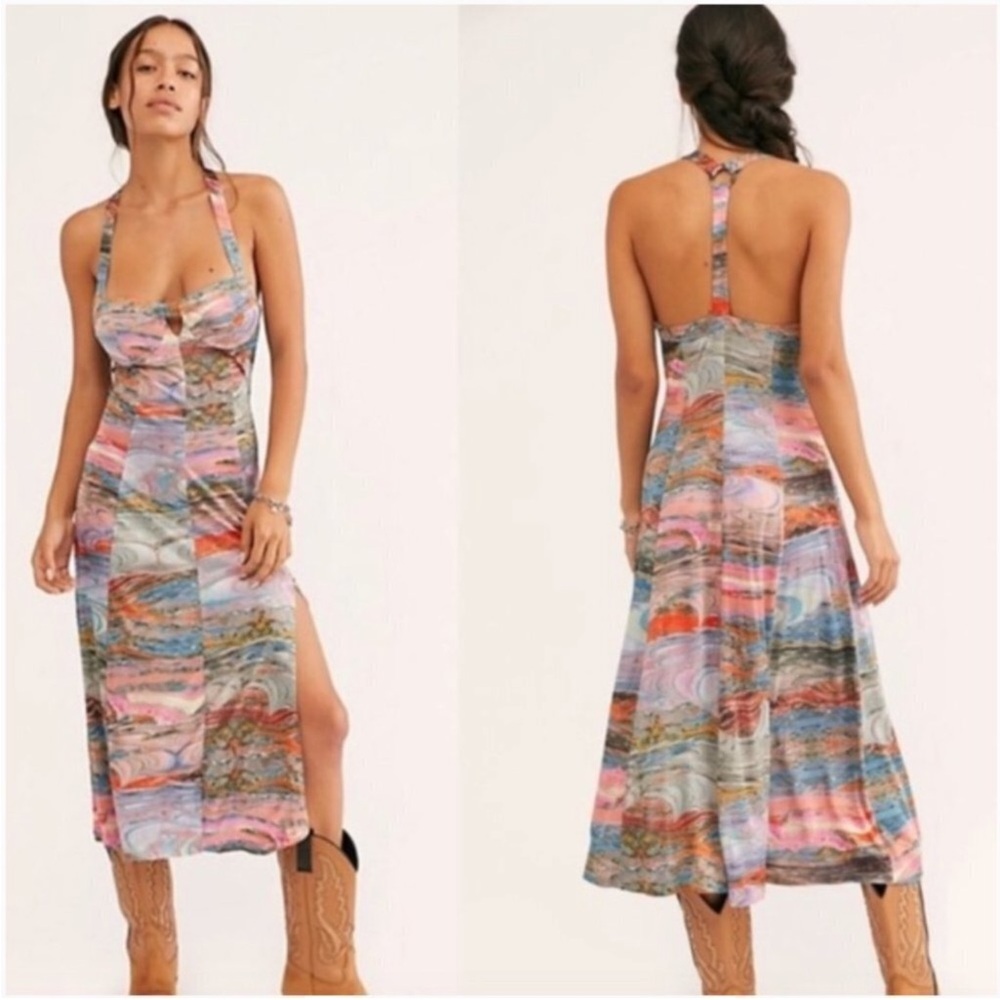 Free People Jade Midi Dress Women’s M Marbled Sleeveless Underwire Bust Slit